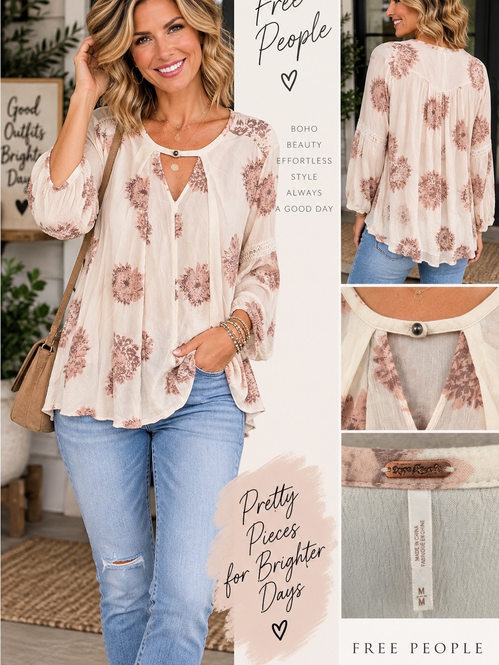 Free People Cream Tunic with Dusty Rose Floral Print